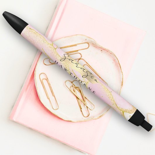 Modern Monogram Script Chic Girly Pink Gold Folie Zwarte Inkt Pen