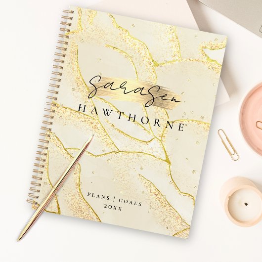 Modern Monogram Script Elegant Ivoor Gold Folie Planner
