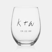 Modern Monogram Script Minimalistische bruiloft Wijnglas Zonder Voet (Voorkant)
