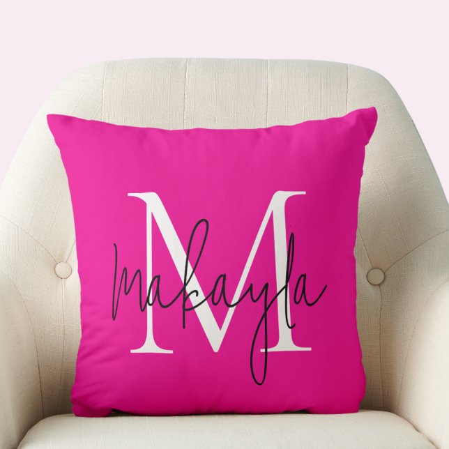 Modern Monogram Script Naam Hot Pink Kussen (Creator heeft geüpload)