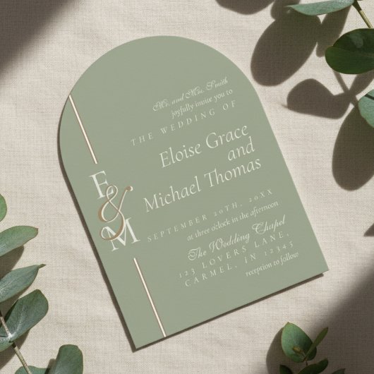 Modern Monogram Script Sage Green Arch Wedding Kaart