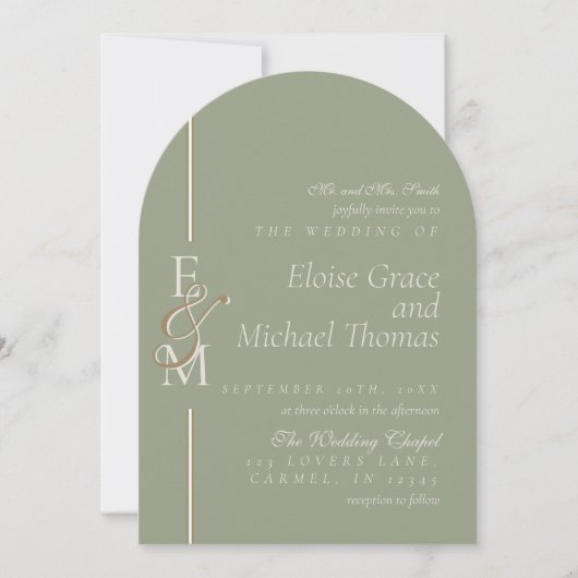 Modern Monogram Script Sage Green Arch Wedding Kaart (Voorkant)