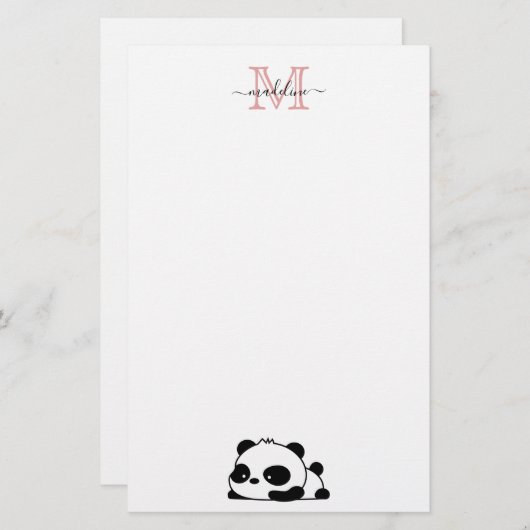 Modern Monogram Script Typografie Funny Panda Briefpapier (Voorkant / Achterkant)