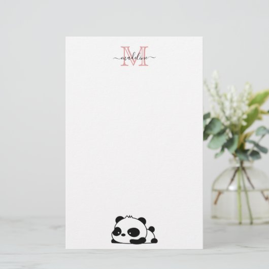 Modern Monogram Script Typografie Funny Panda Briefpapier (Staand voorkant)