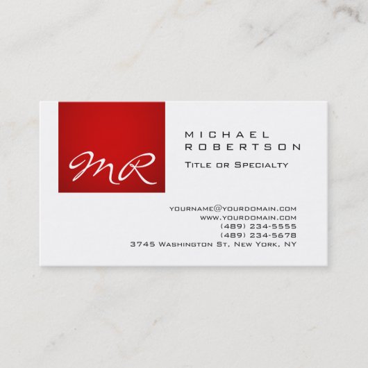 Modern Monogram Script White Red Visitekaartje (Voorkant)