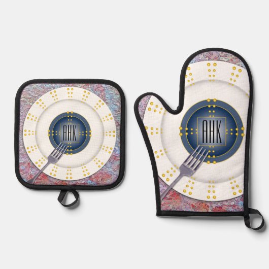 Modern Monogram Servies Ovenwant & Pannenlap Set (Voorkant)