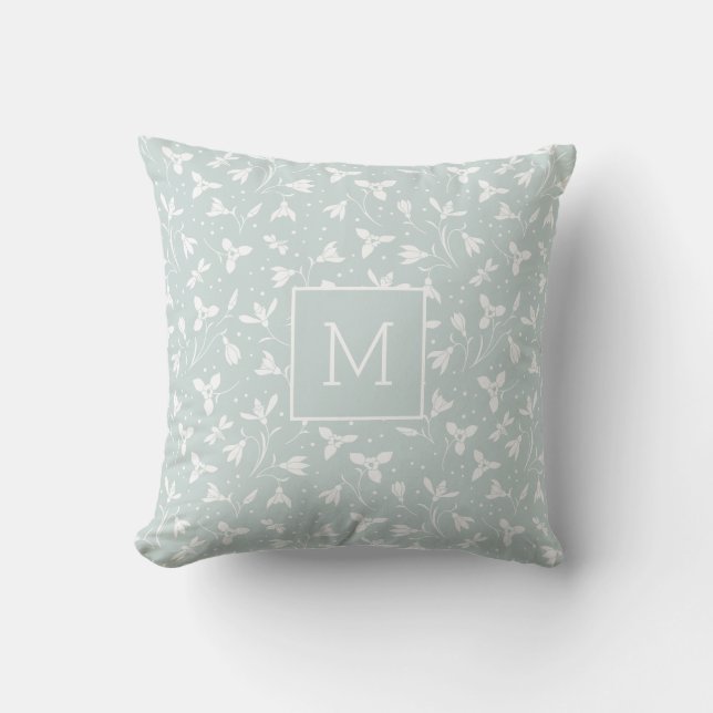Modern Monogram Snowdrop Patroon. Light Sage Green Kussen (Voorkant)