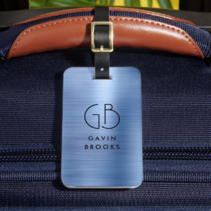 Modern Monogram Steel Blue Brushed Glam Metallic Bagagelabel