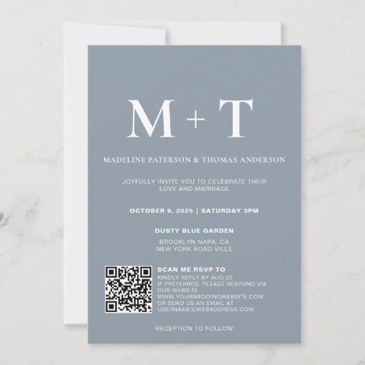 Modern Monogram Stofblauw QR Code Rsvp Bruiloft Kaart (Voorkant)