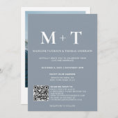 Modern Monogram Stofblauw QR Code Rsvp Bruiloft  Kaart (Voorkant / Achterkant)