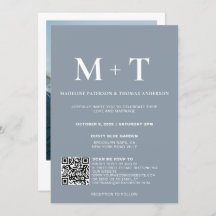 Modern Monogram Stofblauw QR Code Rsvp Bruiloft 
