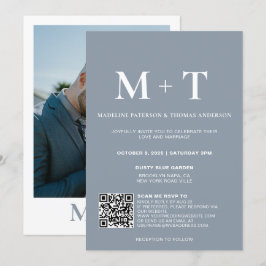 Modern Monogram Stofblauw QR Code Rsvp Bruiloft  Kaart