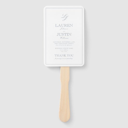 Modern Monogram Stoffig Blauw Script Huwelijksprog Handwaaier (Voorkant)