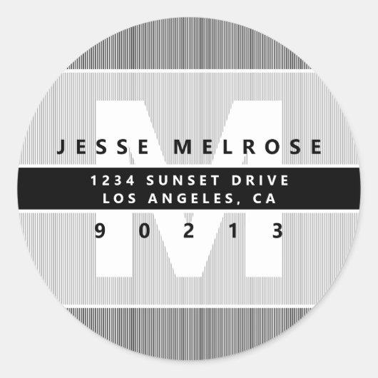 Modern Monogram & Stripes B&W grijs retouradres Ronde Sticker (Voorkant)