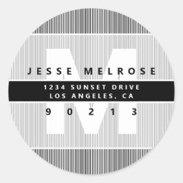 Modern Monogram & Stripes B&W grijs retouradres Ronde Sticker