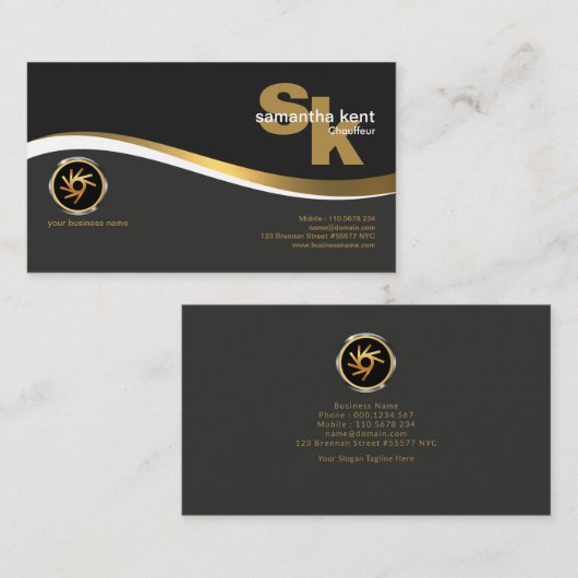 Modern Monogram Stylish Gold Wave Chauffeur Visitekaartje (Voorkant / Achterkant)