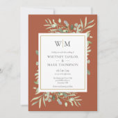Modern Monogram Terracotta Greenery Foto Wedding Kaart (Voorkant)