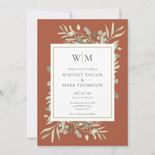 Modern Monogram Terracotta Greenery Foto Wedding Kaart (Voorkant)