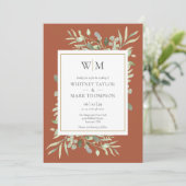 Modern Monogram Terracotta Greenery Foto Wedding Kaart (Staand voorkant)