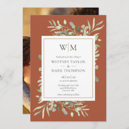 Modern Monogram Terracotta Greenery Foto Wedding Kaart