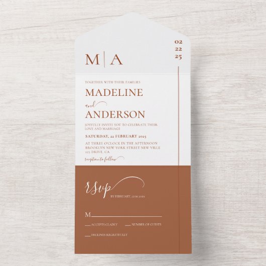 Modern Monogram Terracotta Overlay Photo Wedding All In One Uitnodiging (Binnen)
