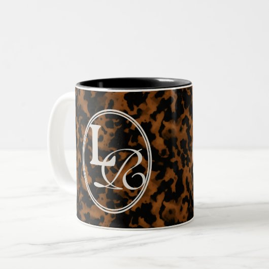 Modern Monogram Tortoise Shell Print Tweekleurige Koffiemok (Voorkant links)