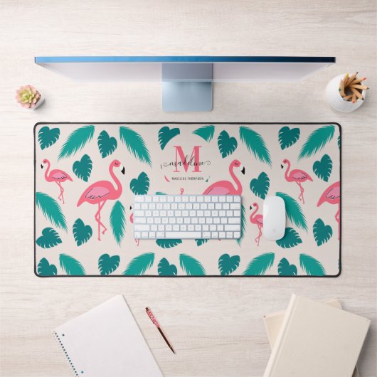 Modern Monogram Tropical Leaves Hot Pink Flamingo Bureaumat (Kantoor 1)