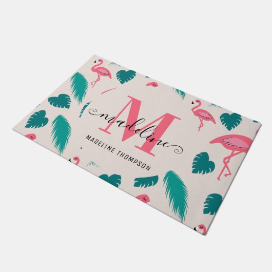 Modern Monogram Tropical Leaves Hot Pink Flamingo Deurmat (Schuin)