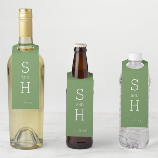 Modern Monogram Trouwfeest Groen Wit MCM patroon Flessenhanger (In situ)