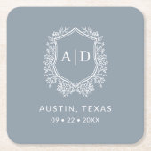 Modern Monogram Trouwstof Dusty Blue Wapenembleem Kartonnen Onderzetters (Voorkant)