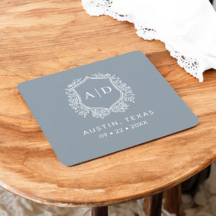 Modern Monogram Trouwstof Dusty Blue Wapenembleem Kartonnen Onderzetters