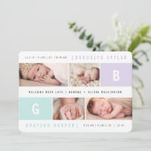 Modern Monogram Twins 4-foto ontwerp Geboorte Aankondiging (Staand voorkant)