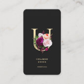 Modern Monogram U Elegant Bloemen Zwart Goud Visitekaartje (Voorkant)