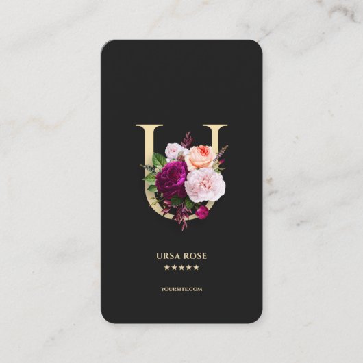Modern Monogram U Elegant Bloemen Zwart Goud Visitekaartje (Voorkant)