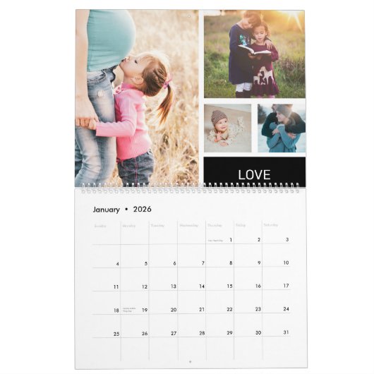 Modern monogram uw gezin 26 foto collage raster kalender (Jan 2026)