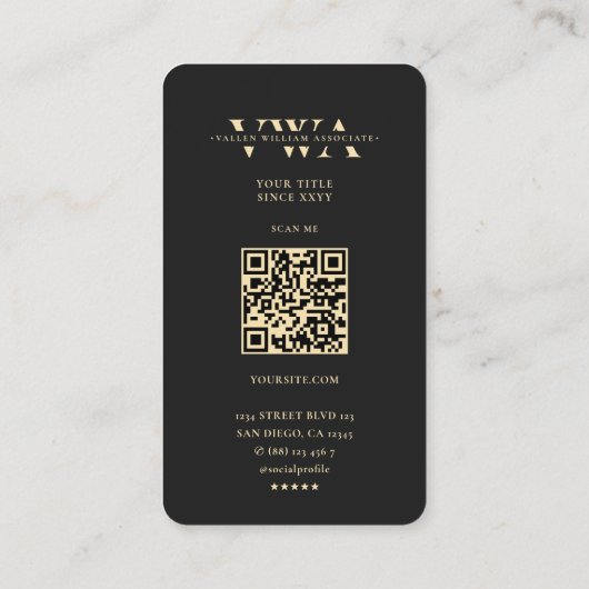 Modern Monogram V W Elegant Logo Zwart Goud Visitekaartje (Achterkant)