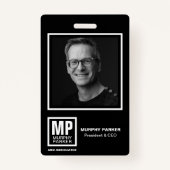 Modern Monogram Vierkant Logo Zwart Wit Foto Badge (Voorkant)