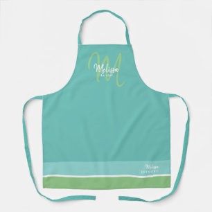 modern monogram voor een blauwgroen-blauw chef-koe schort