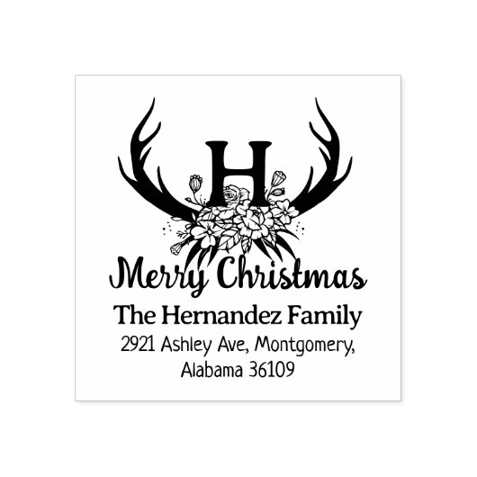 Modern Monogram Vrolijk Kerstfeest Bloemen Herten Rubberstempel (Afrduk)