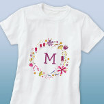 Modern Monogram Waterverf Floral T-shirt<br><div class="desc">Een  bloemenkrans met waterverf rondom een modern monogram initiaal. Personaliseer door het initiaal te veranderen. Originele kunst van Nic Squirrell.</div>
