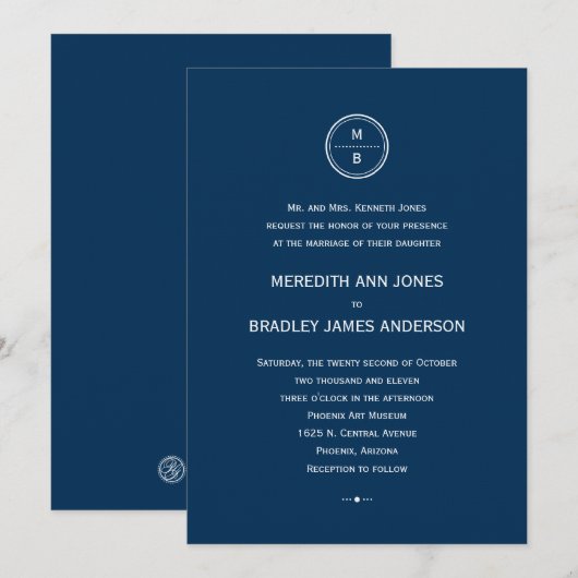 Modern Monogram Wedding Invitation (marine) Kaart (Voorkant / Achterkant)