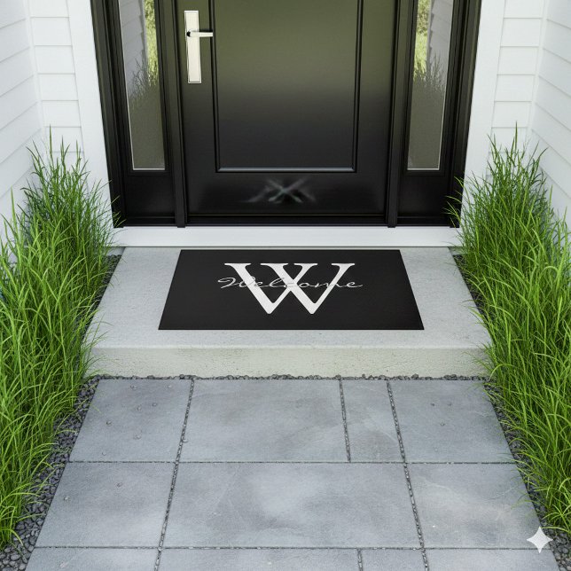 Modern Monogram Welkomstdeur Accent voor Nieuwe Hu Deurmat (Black and white welcome mat with elegant script big "w" and "welcome")