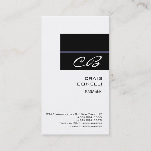 Modern Monogram White Black Plain Visitekaartje (Voorkant)