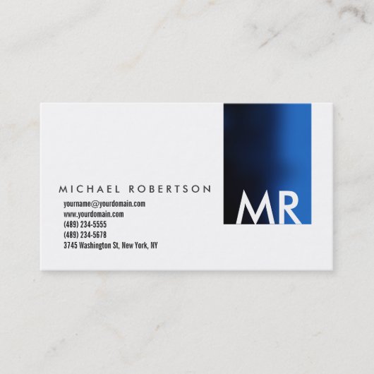 Modern Monogram White Blue Clean Visitekaartje (Voorkant)