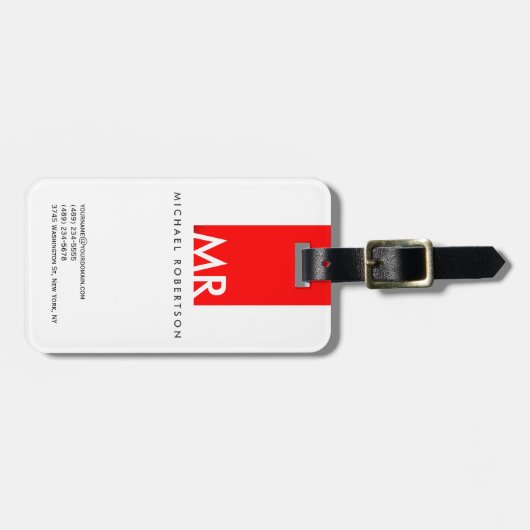 Modern Monogram White Red Minimalist Bagagelabel (Voorkant horizontaal)