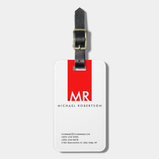 Modern Monogram White Red Minimalist Bagagelabel (Voorkant verticaal)