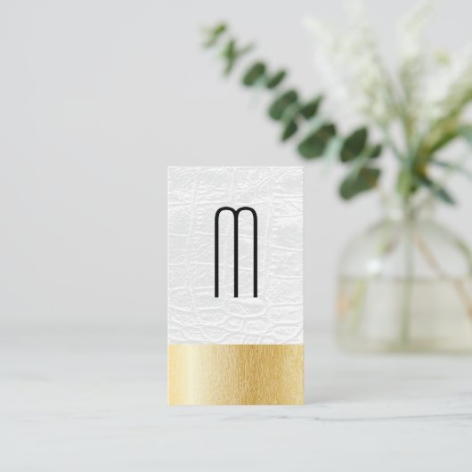 Modern Monogram | Witte Leer | Houtnerflijnen Visitekaartje (Staand voorkant)