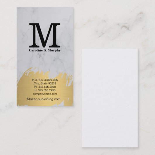 Modern Monogram | Witte Marmer | Goud Geborsteld Visitekaartje (Voorkant / Achterkant)