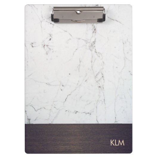 Modern Monogram Wood White Marble Klembord (Voorkant)