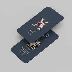 Modern Monogram X Bloemen Donkerblauw Goud Visitekaartje